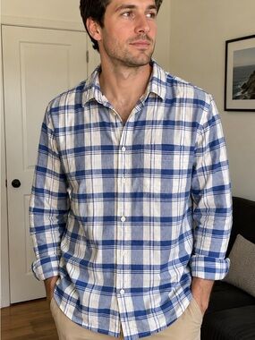 Vineyard Vines Blue, Taupe and White Plaid Button-Down Shirt